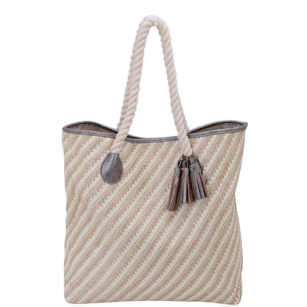 J FRANCIS Tote Bag Silver and Ivory Faux Leather